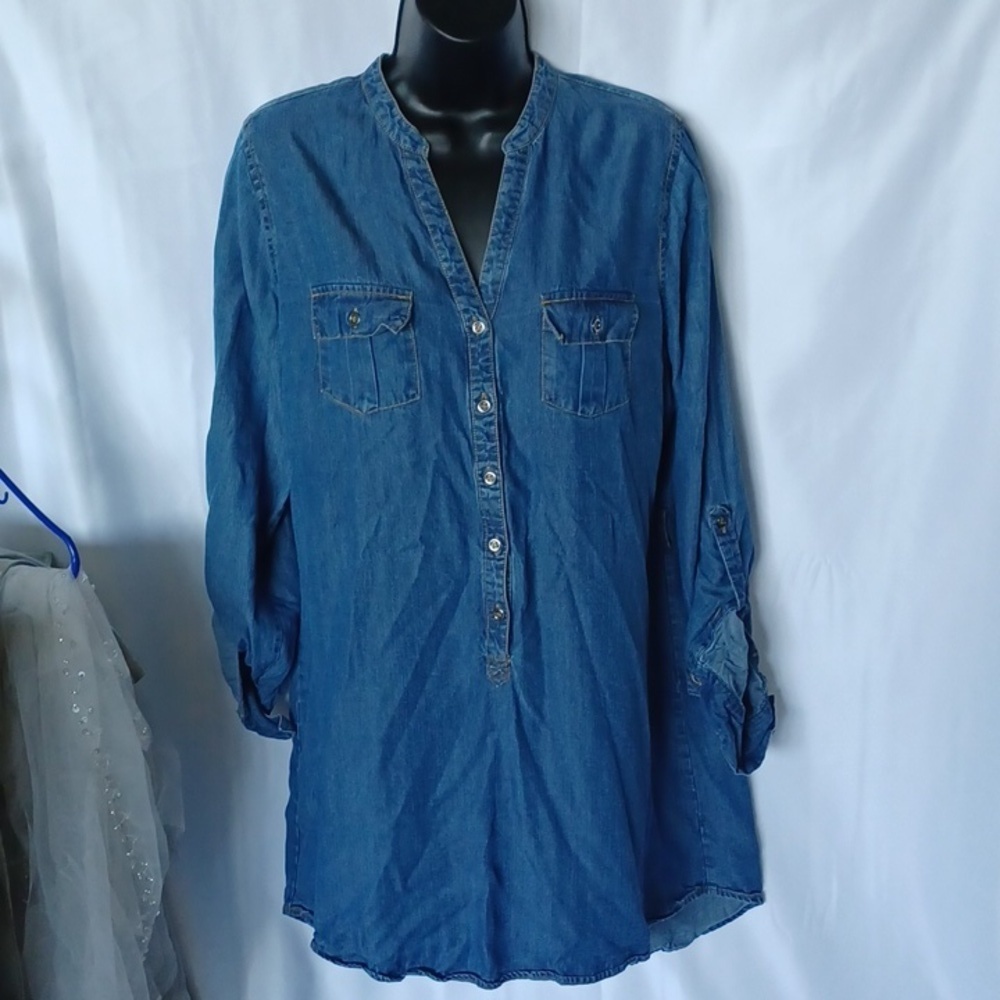 LOVE Stitch Denim Long Sleeve Dress with Pockets | Blue | Medium
